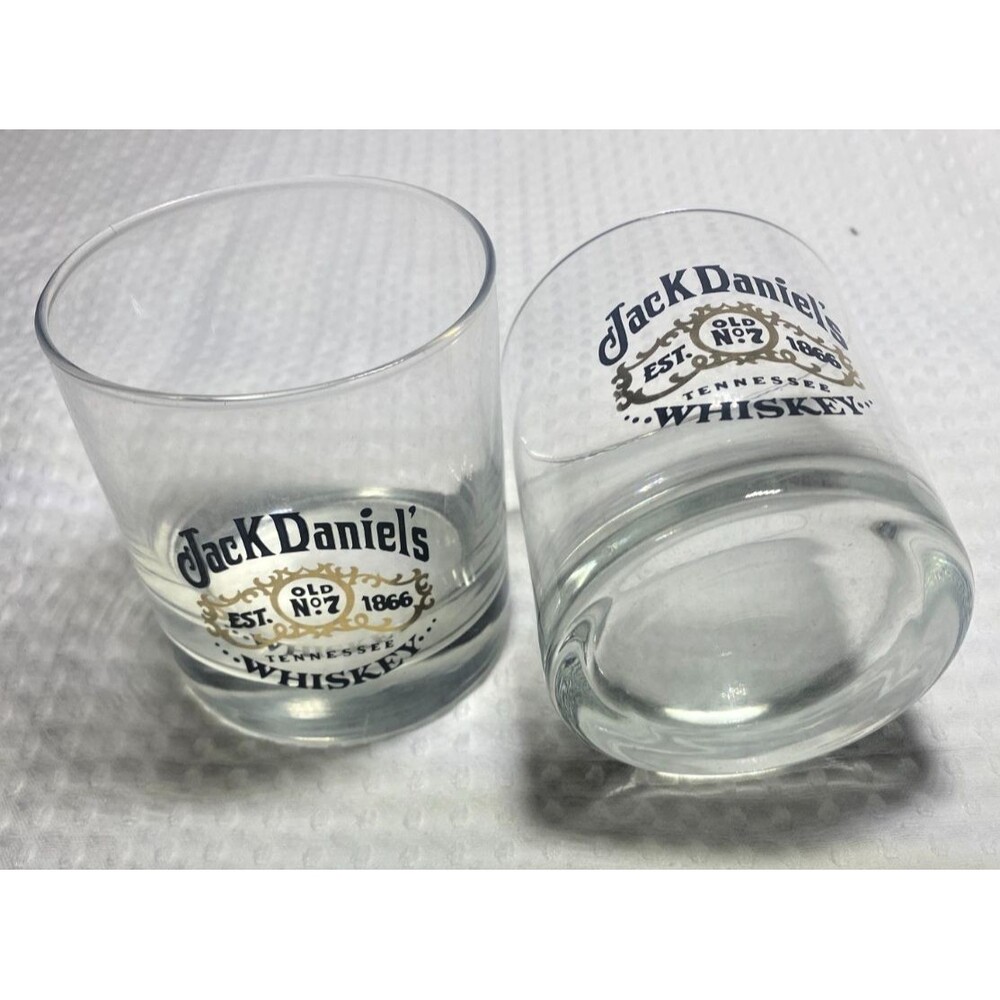 Jack Daniels Glasses Whiskey Rock Liquor Lowball Gold & Black Old No 7 Set of 2